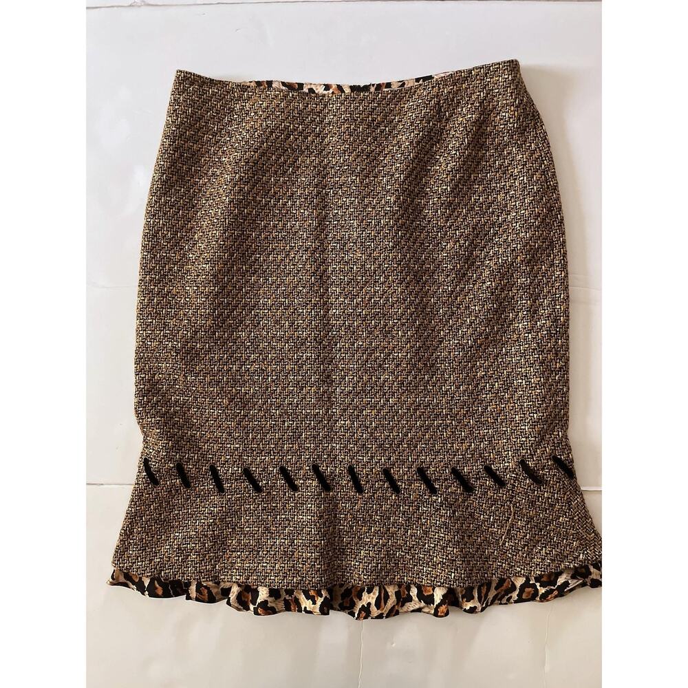 Carmen Marc Valvo Atelier Skirt Womens 14 Brown Tweed Leopard Ruffle Hem Silk